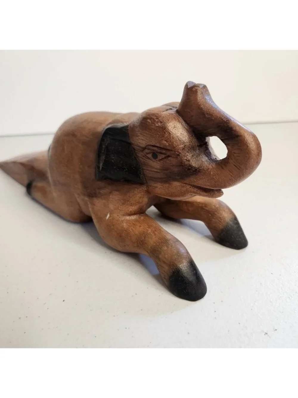 Vintage Wood Elephant Hand Carved Door Wedge Stopper Raised Trunk Up Boho 1970s